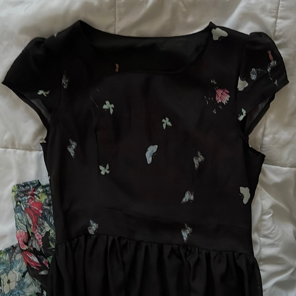 Full length black dress with flowers and butterflies